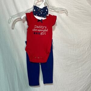 Tahari 3/6 red white blue 3 piece set ruffled onsie headband pants daddy’s girl